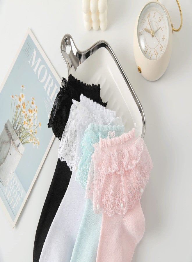 AMHRLINGTO Lace Ruffle Frilly Ankle Socks for Women - Pearl Lace Socks (White-3 Pairs) - Image 2